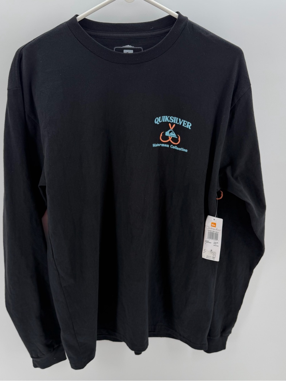 Quiksilver Men’s Waterman Black Long-Sleeve Tee With Logos (front, back, arm)